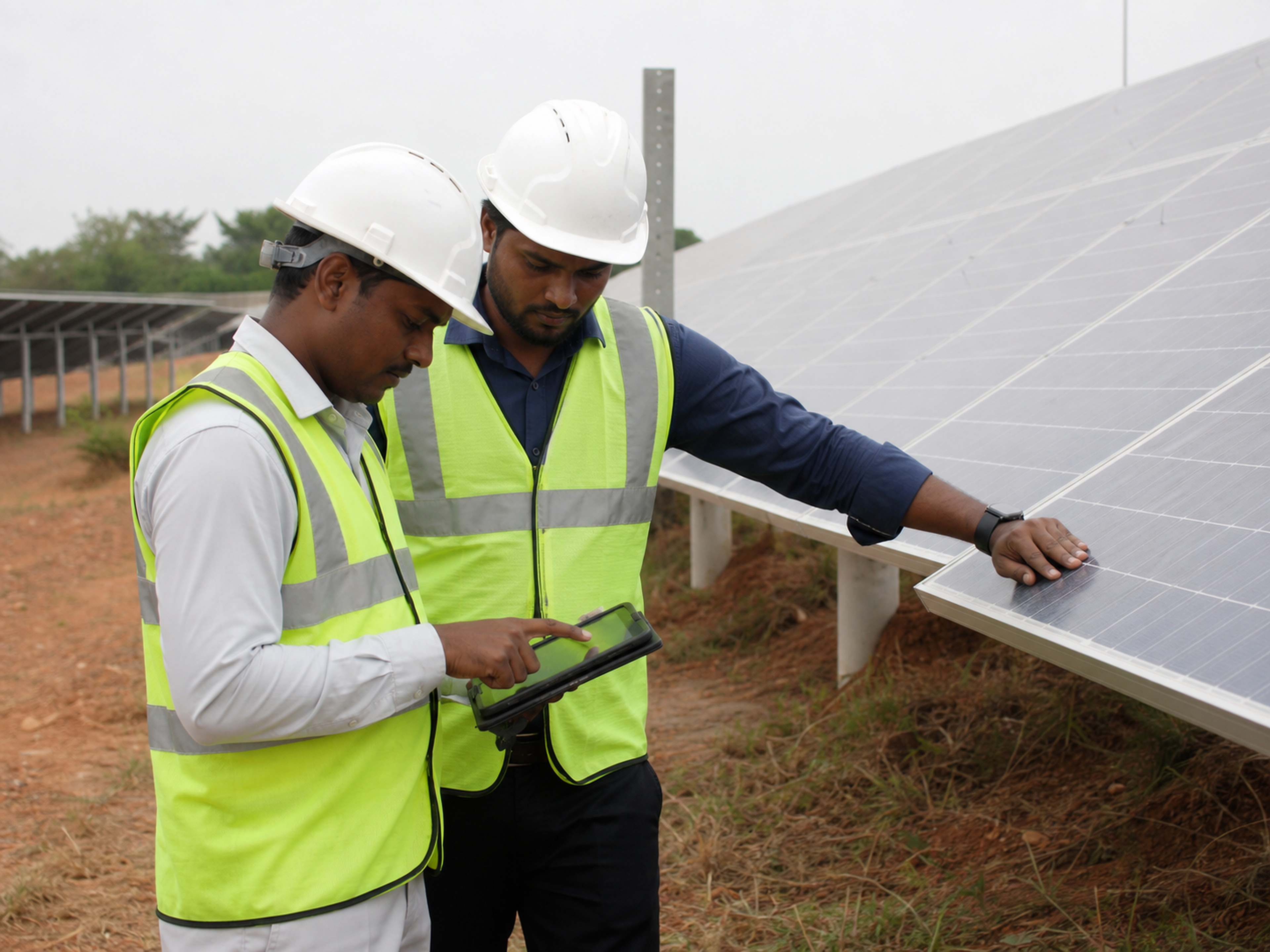 Two Adinath engineers checking module condition against a ground-mounted array