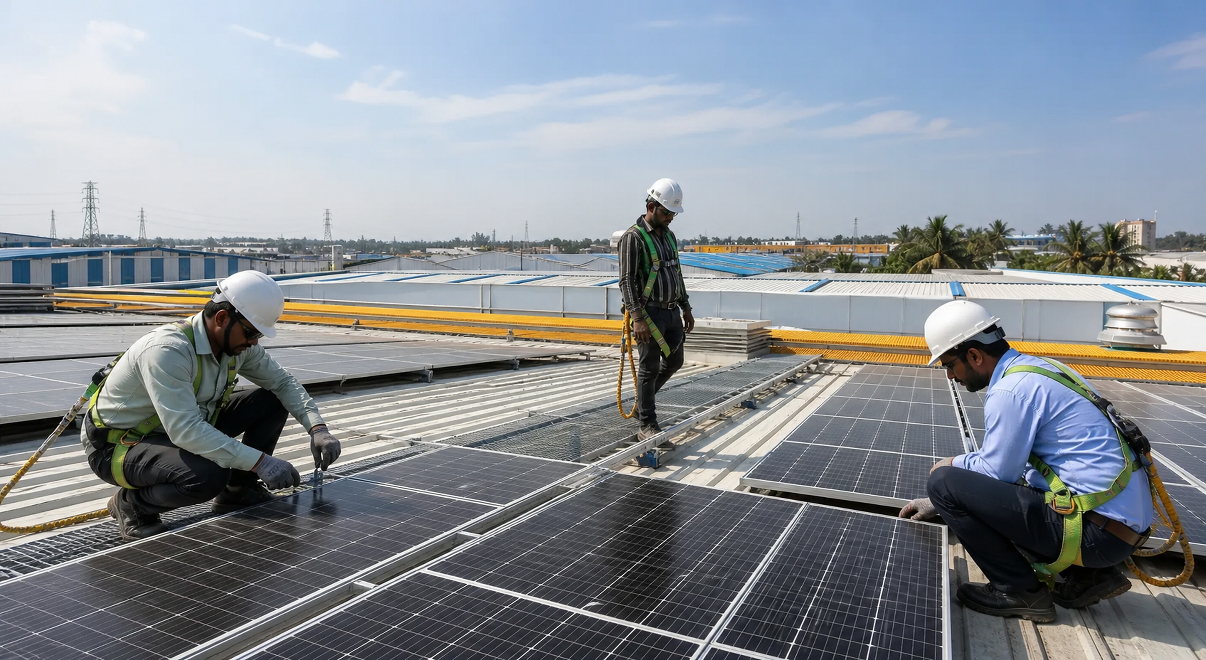 An Indian solar crew working across an industrial rooftop installation