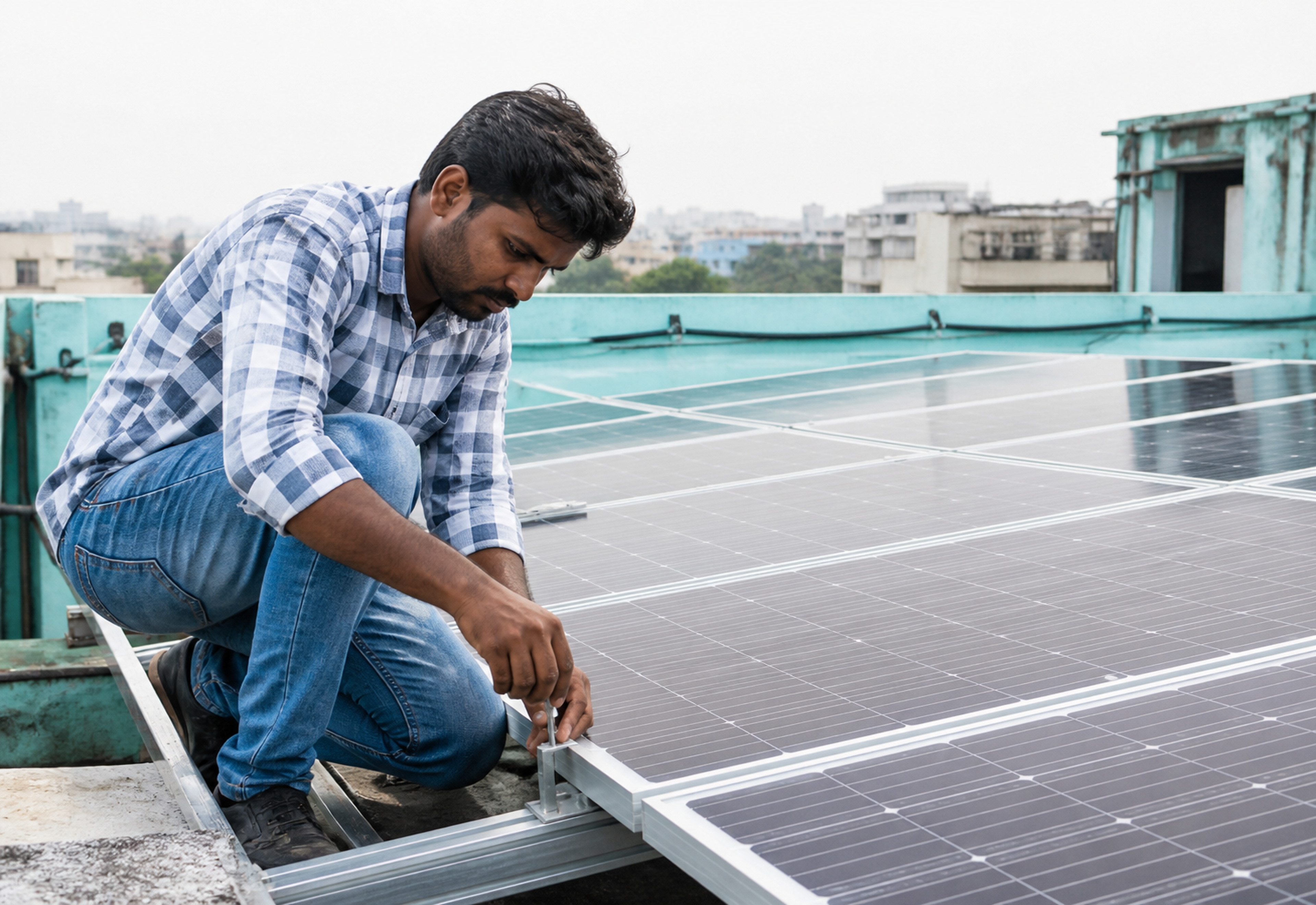 An Indian rooftop technician checking a solar module during installation