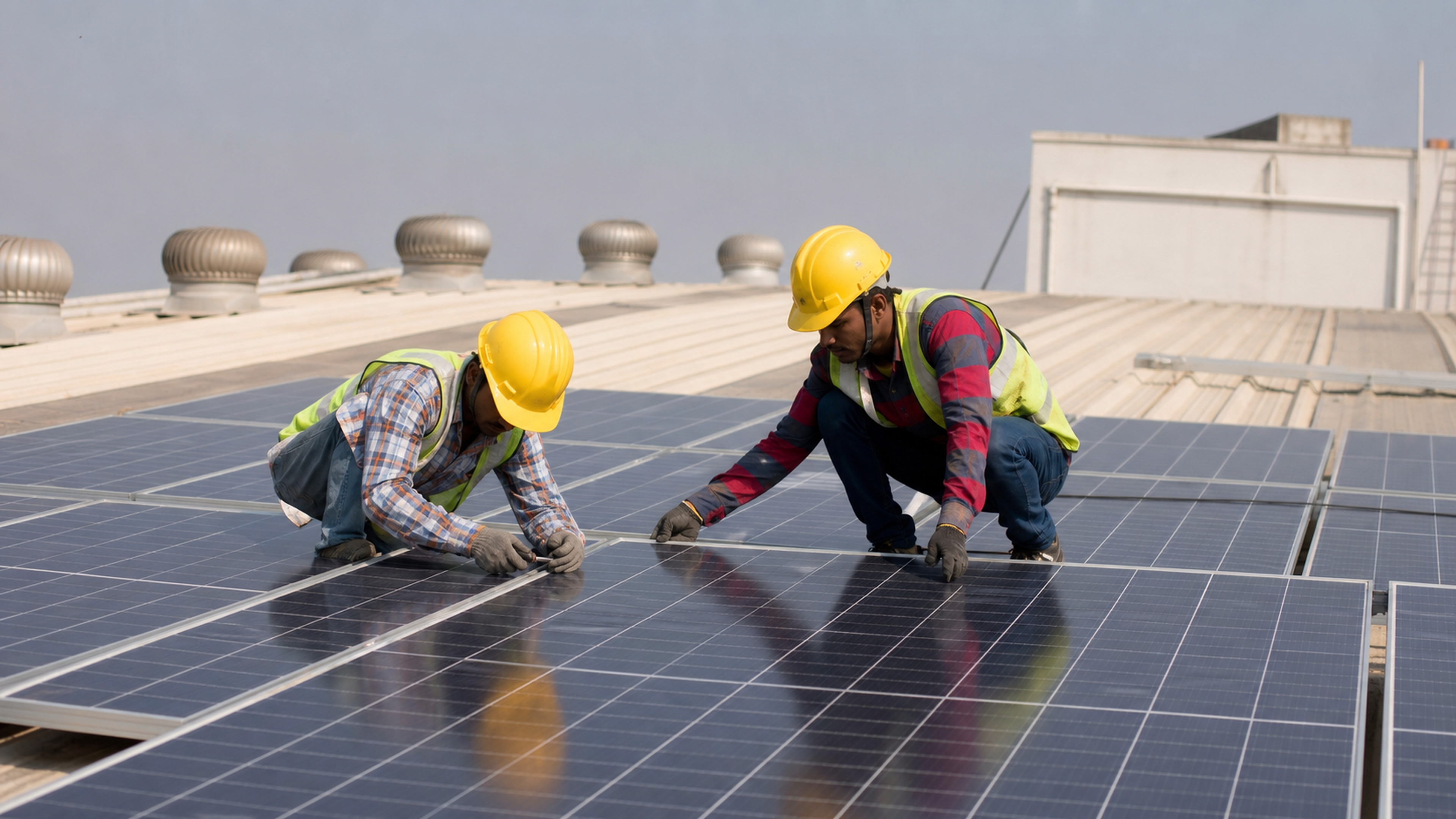 Two Indian technicians aligning solar modules during installation