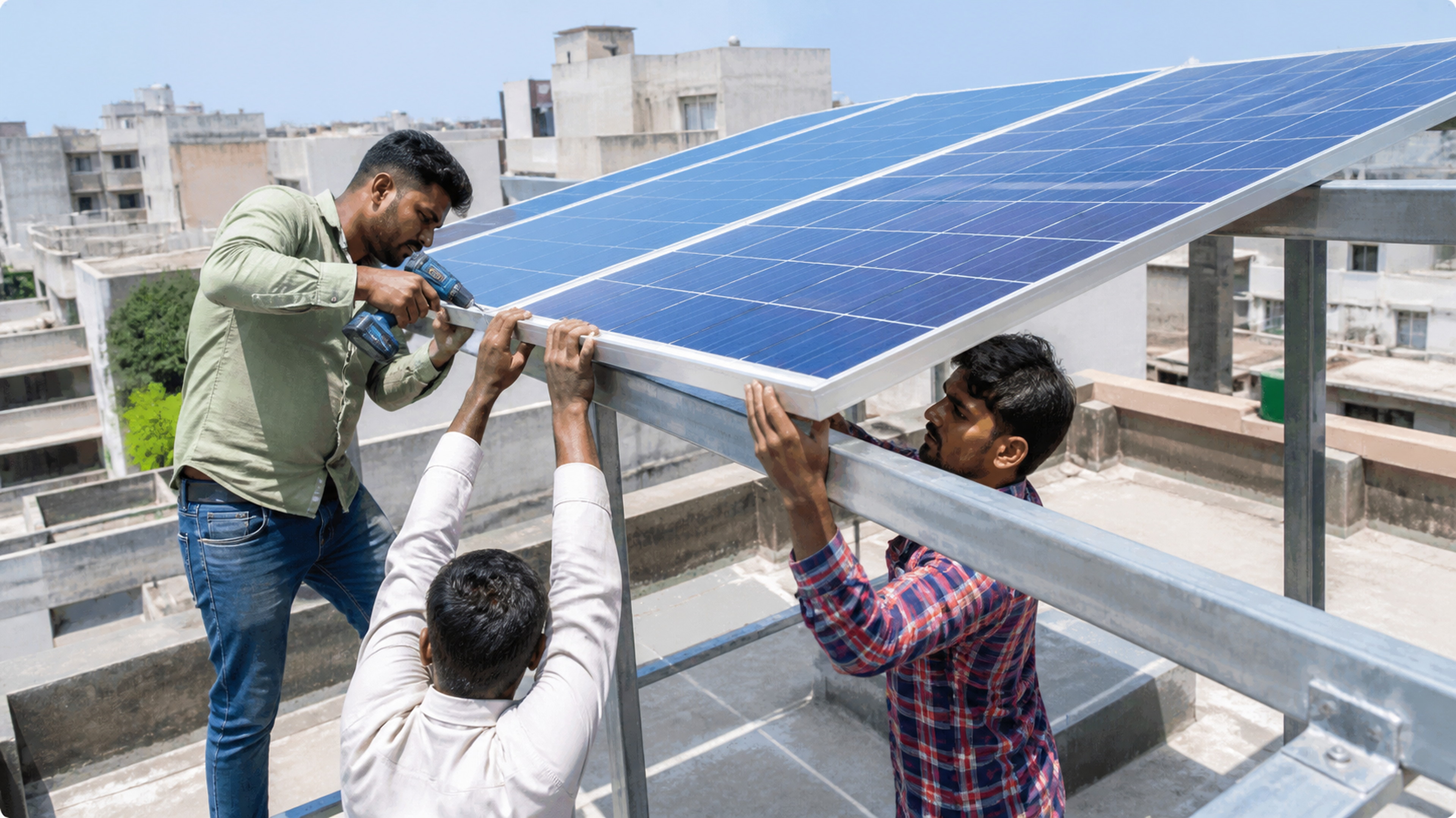 Indian installers lifting a solar module into place on a rooftop