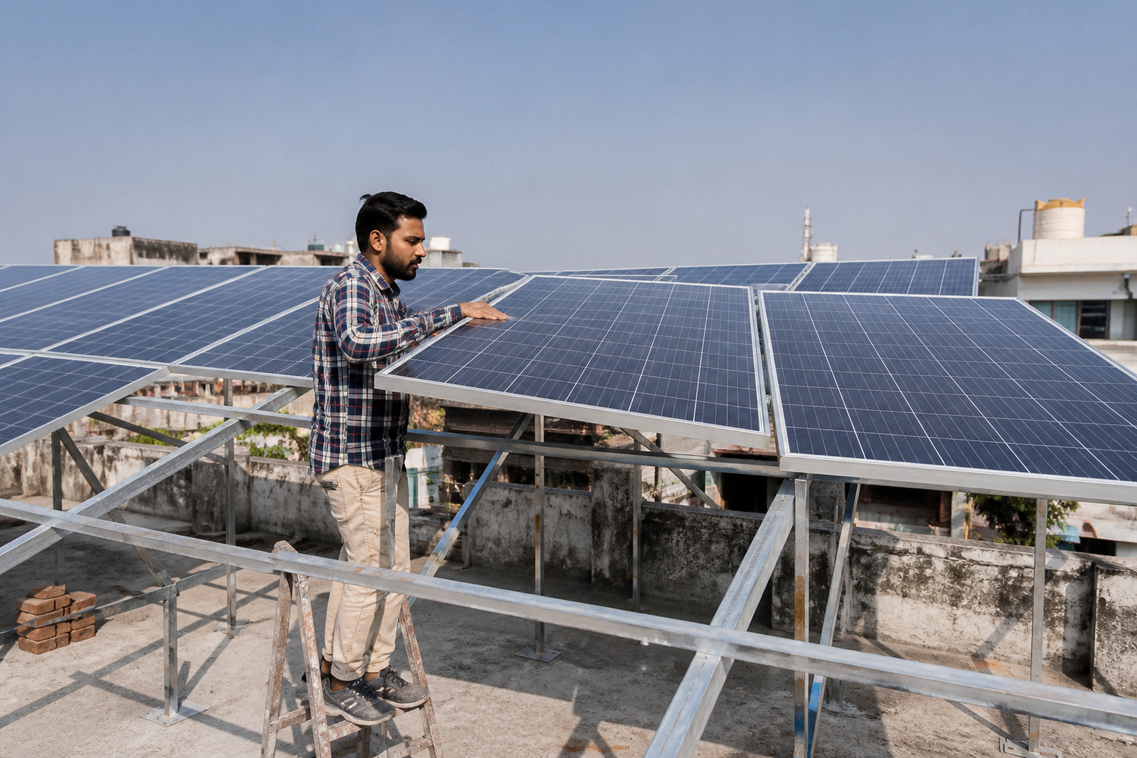 An Indian technician positioning a solar module on a rooftop structure