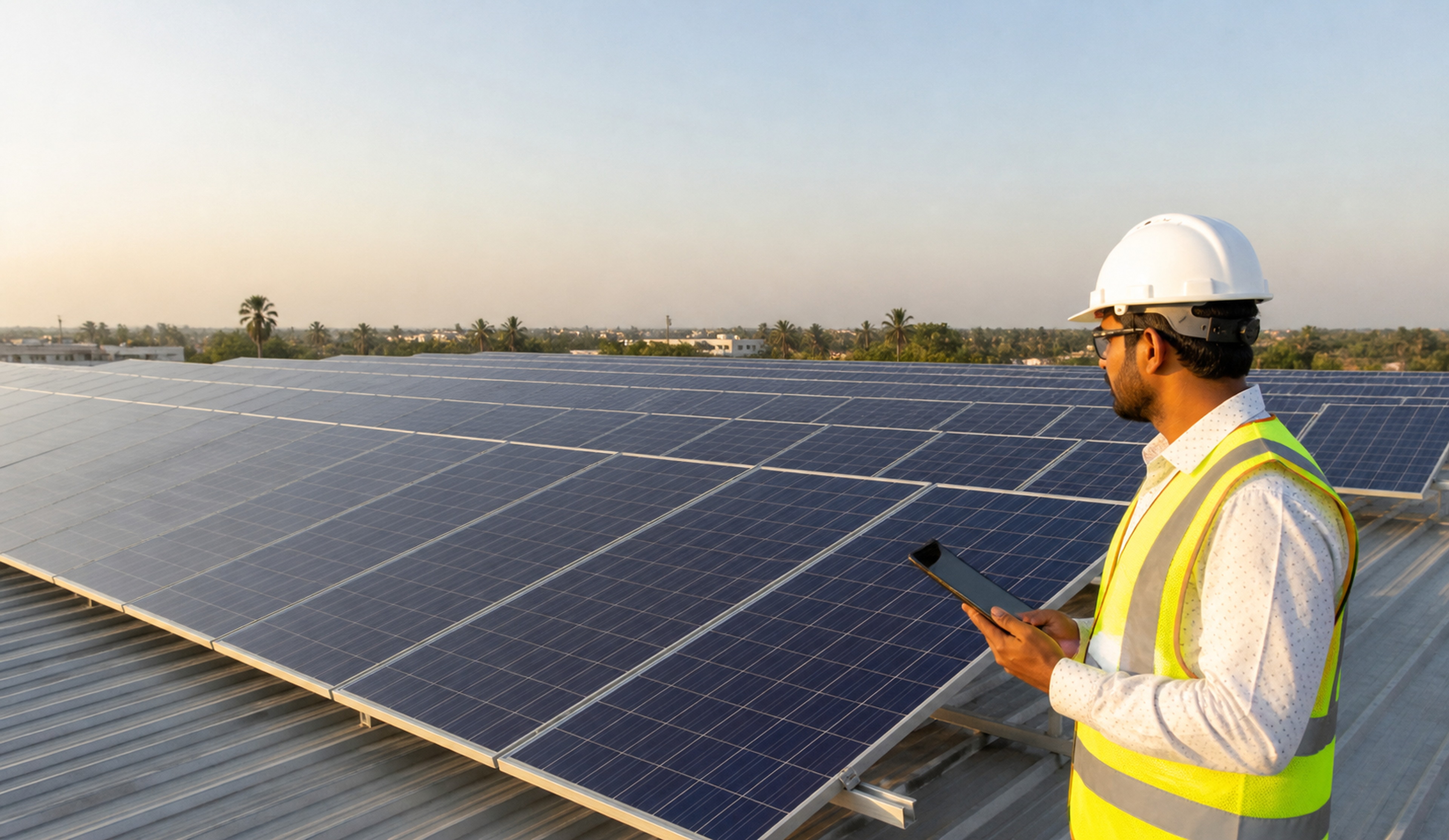 An Indian engineer supervising a large rooftop solar installation